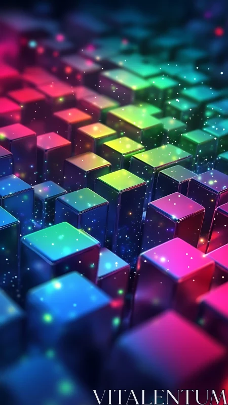 Multi-colored reflective cubic structures form a vertical grid