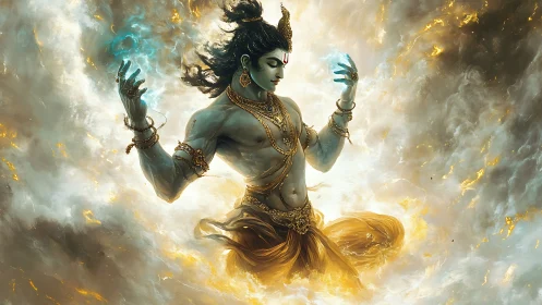 Mythic blue-skinned deity amid swirling golden clouds.