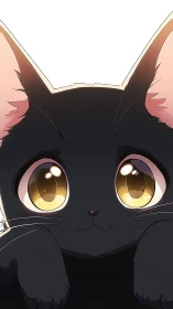 Golden eyed black anime kitten close up portrait.