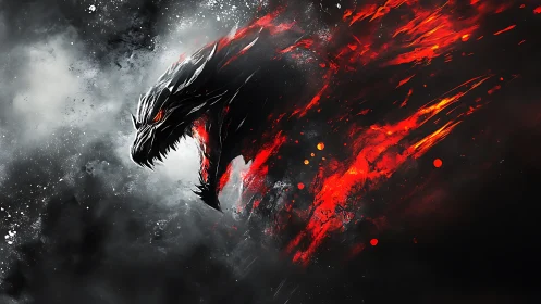 Inferno-scaled dragon erupts from storm forged in shadowed fire.