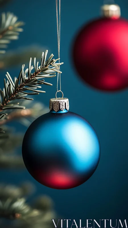 Blue and red glass ornaments on evergreen branch.