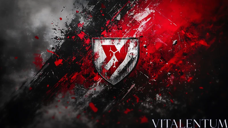 Shield emblem on red and black grunge digital background.