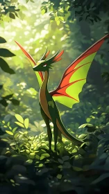 Bioluminescent forest dragon with translucent wings in canopy light