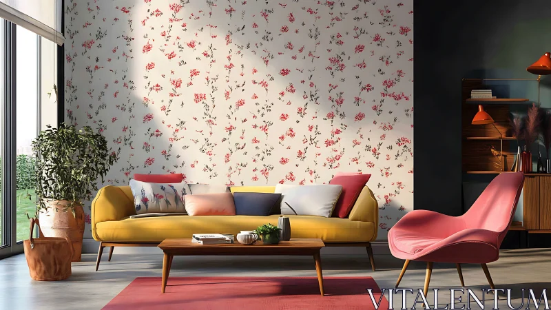 Midcentury living room with floral wallpaper and bold hues.
