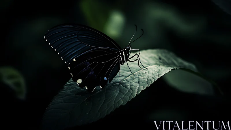 Low-key macro study of dark butterfly resting on leaf edge