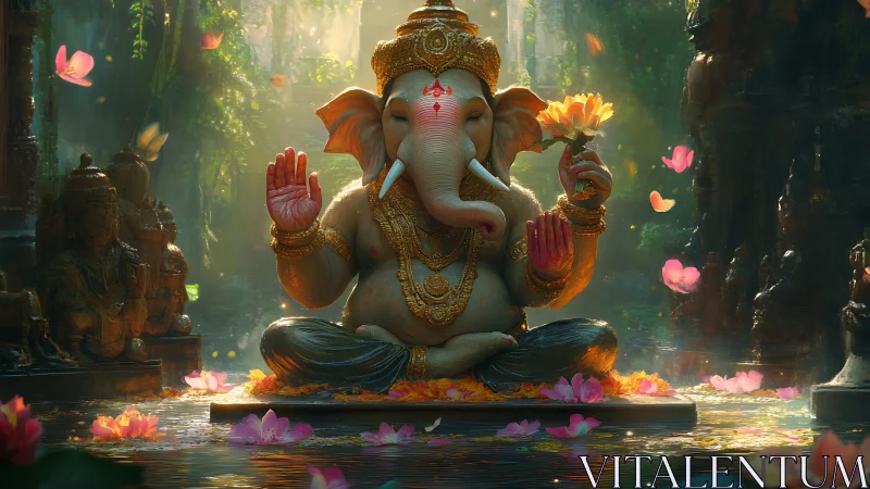 Elephant-headed deity statue sits in lotus pond among petals