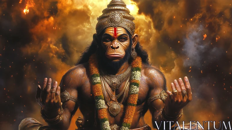 Flame crowned monkey deity meditates in storm of embers.