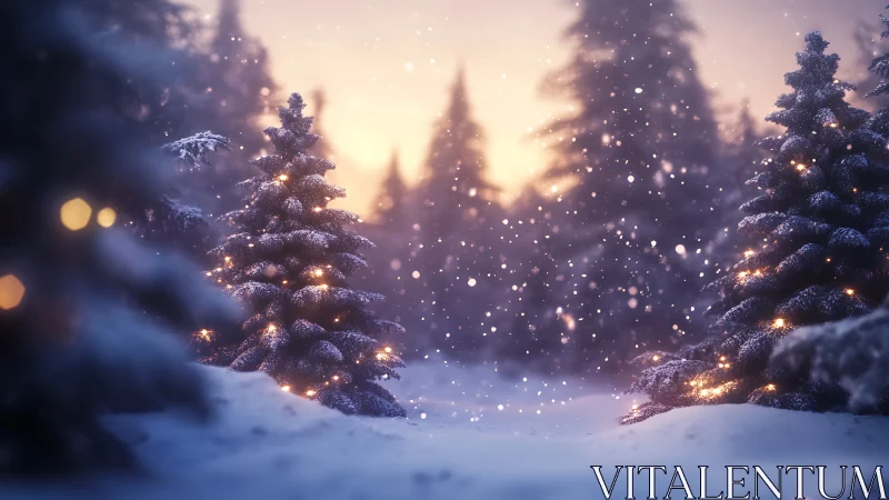 Snowy fir forest glows with soft golden winter lights.