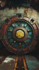 Heavily weathered circular vault door with radial locking segments