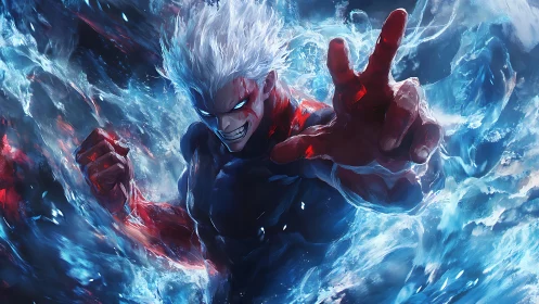 White-haired warrior unleashes blue energy storm in fury