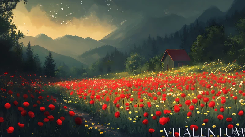 Crimson wildflower sea embracing a quiet mountain refuge.