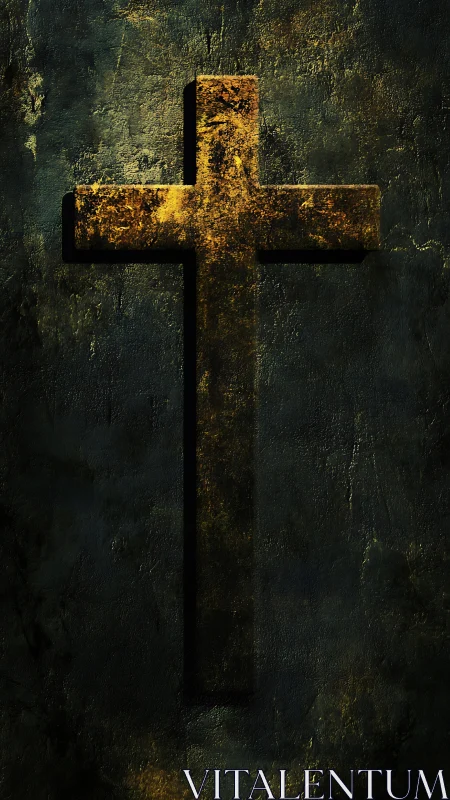 Weathered golden cross shining softly in shadowed stone.