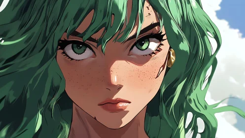 Intense green-haired anime heroine glares into the sky.