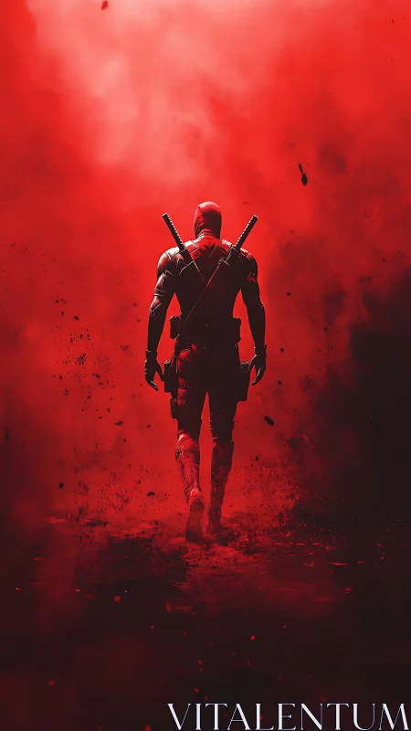 Red suited antihero walking into dense red smoke cloud.