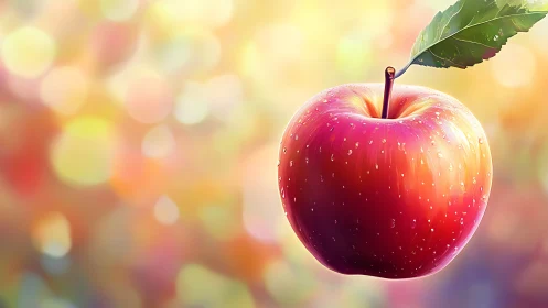 Red apple with water droplets against defocused bokeh field.