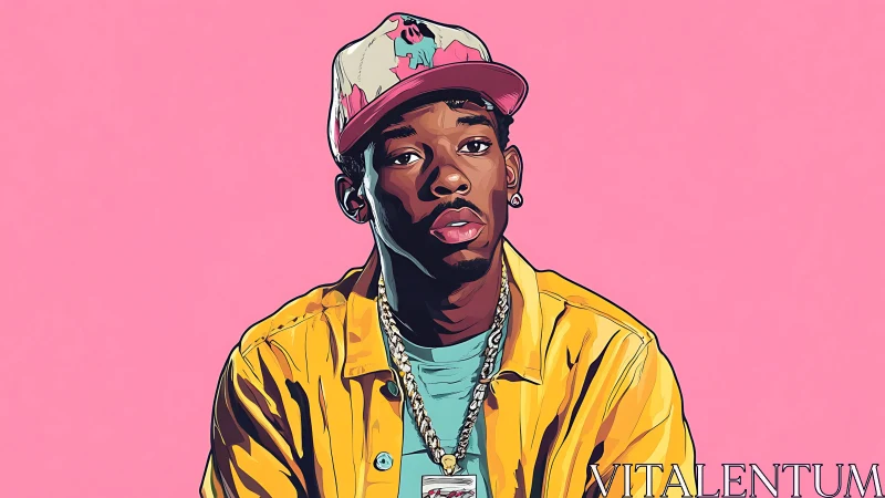 Colorful digital portrait of young man in yellow jacket.