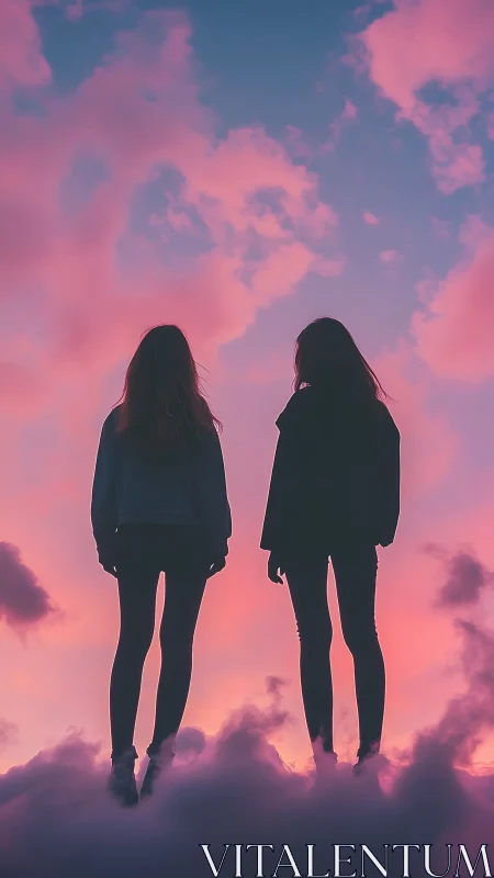 Silhouetted friends stand above clouds under neon dusk sky.