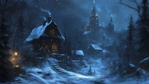 Snow-laden forest village rendered with moody volumetric lighting