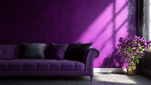 Purple velvet sofa, magenta wall, directional sunlight, florals