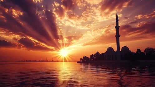 Sun sets behind mosque silhouette over calm waterfront