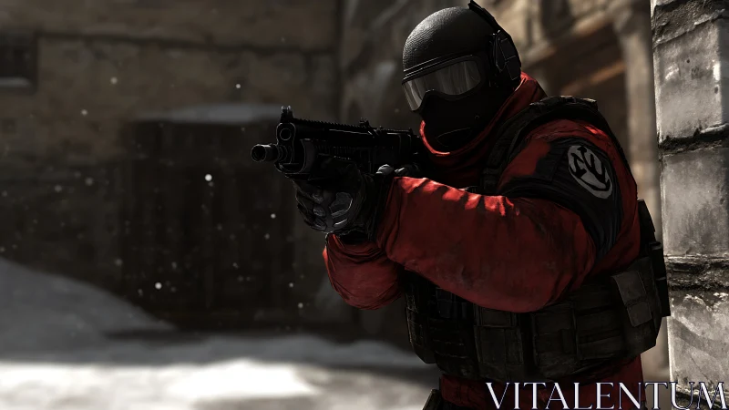 Snowbound red-ops trooper stalks a frozen urban crossfire.