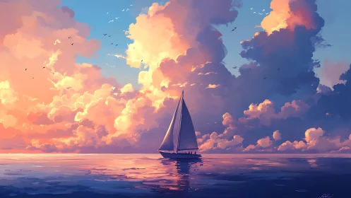 Sailboat drifting under sherbet thunderclouds at hush-hour sea.