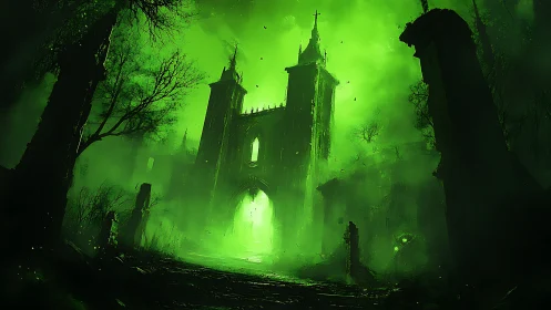 Radiant toxic cathedral amid spectral arboreal silhouettes.