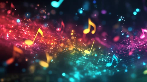 Neon music notes swirl through cosmic color waves of sound.