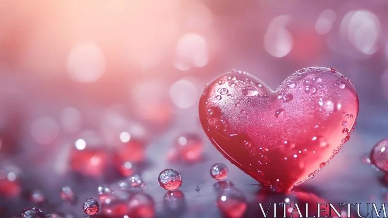 Red liquid heart form with water droplets in bokeh environment.