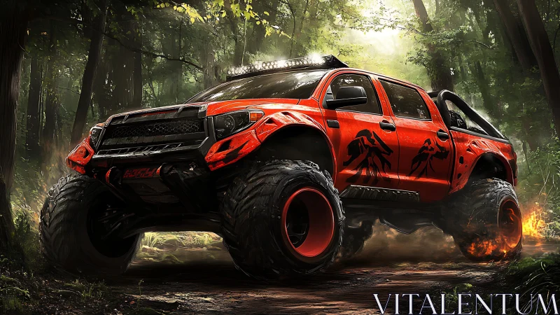 Aggressive off-road monster truck dominates a dense forest trail