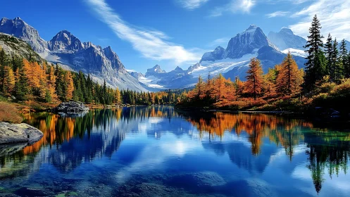 Photorealistic alpine lake with autumn conifers and peaks.