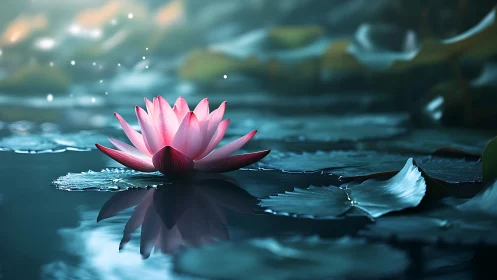 Pink lotus flower on calm water with dreamy soft light.