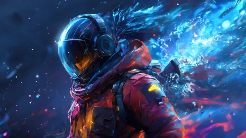 Bold cosmic explorer wrapped in glowing space colors.