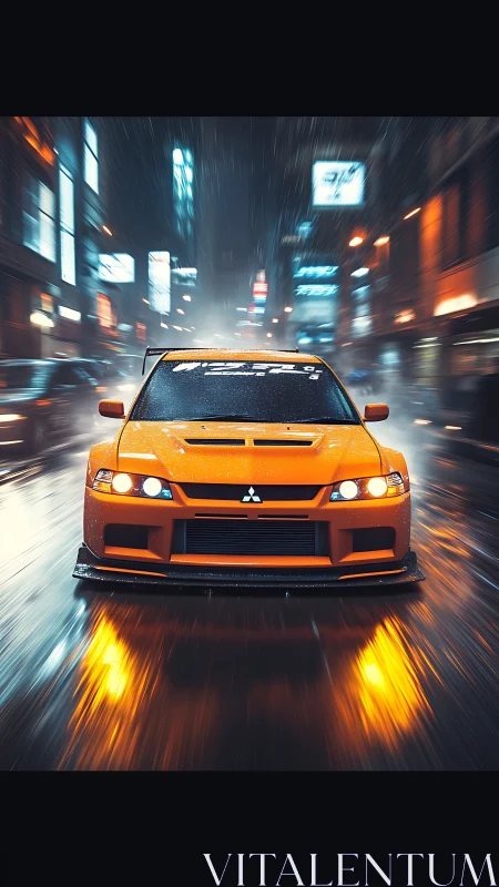 Orange Mitsubishi street racer cuts through wet neon city