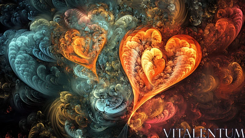 Glowing Fractal Hearts Floating In A Swirling Cosmic Dream.