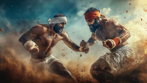 Two fighters engaged in combat with dust and atmospheric effects