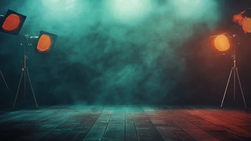 Cinematic studio stage with moody volumetric lighting setup.