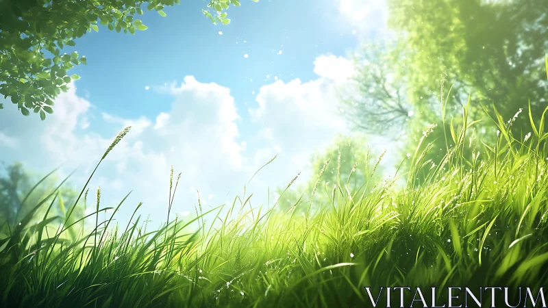 Lush Sunlit Meadow with Dewy Grass in Vibrant Realistic Style.