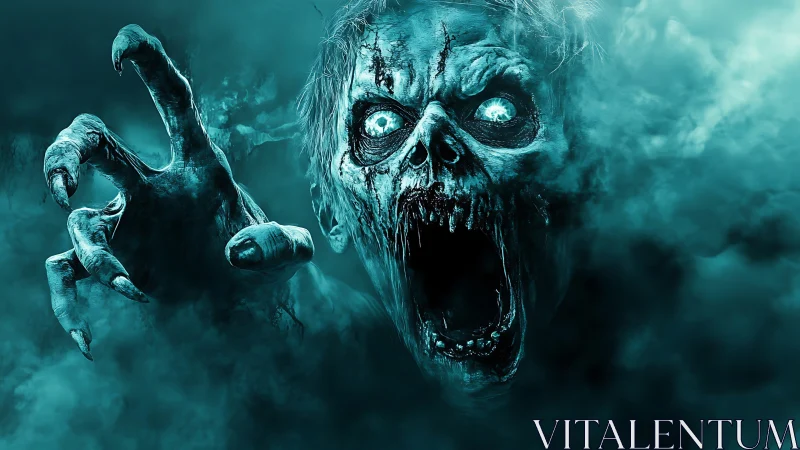 Decayed skull entity emerges from volumetric teal fog with clawed hand