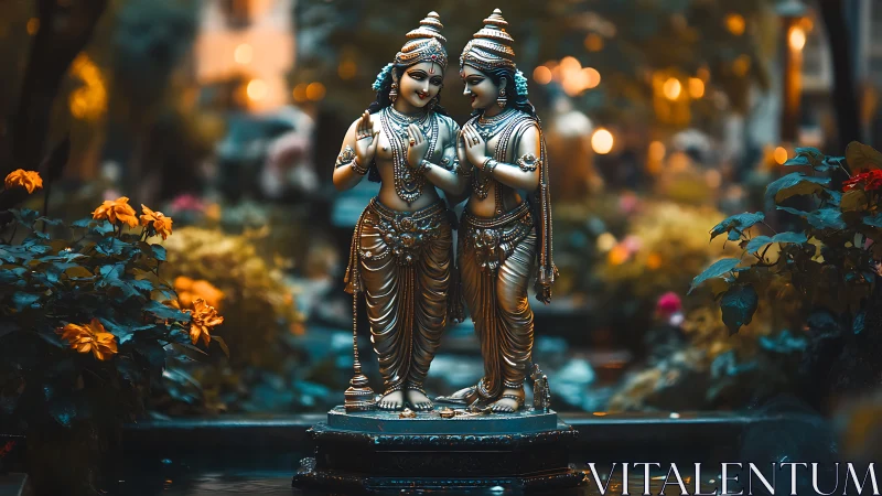 Golden divine couple statues in glowing garden setting.