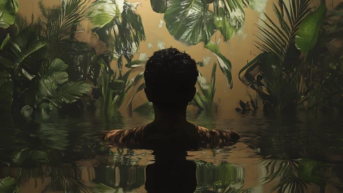 Quiet jungle pool moment with lush leaves and soft light.