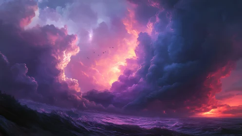 Radiant storm clouds ignite a surreal twilight ocean sky