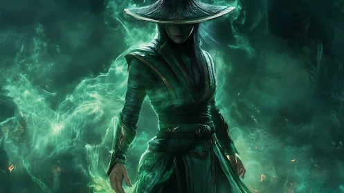 Emerald robed mystic warrior in spectral green energy haze