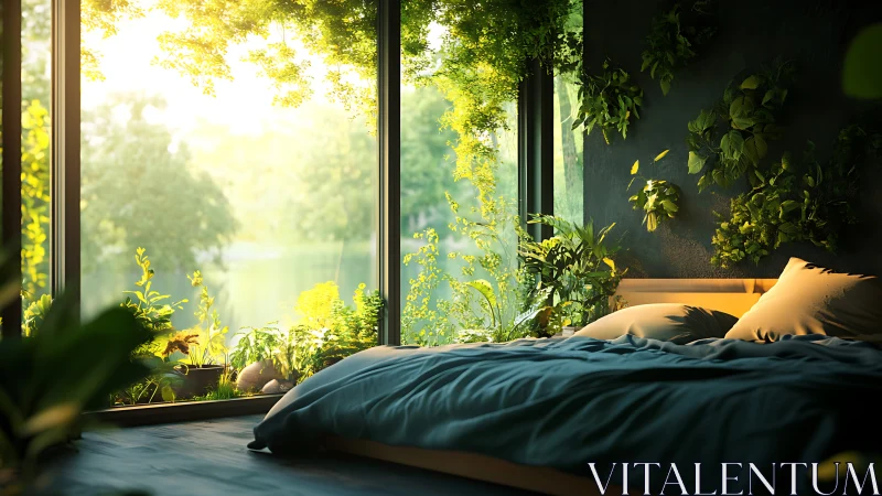 Photorealistic biophilic bedroom with panoramic glazing design.