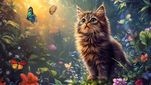 Whisker-Framed Wonder: Kitten Contemplates Butterfly Ballet