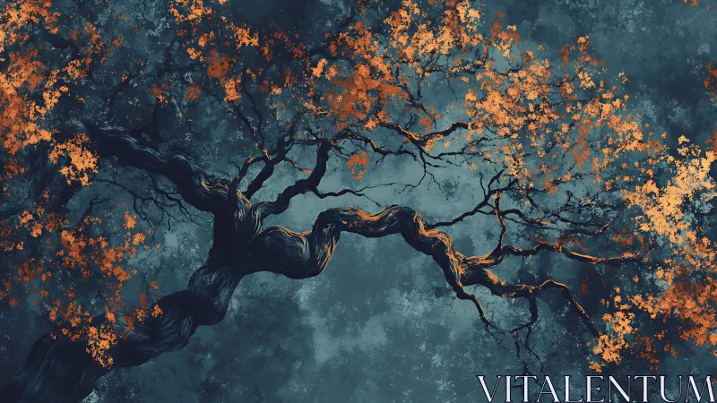 Twisted Tree Branches with Autumn Leaves in Moody Digital Art.