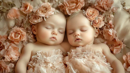 Twin Infant Figures with Peach Floral Crown Arrangement