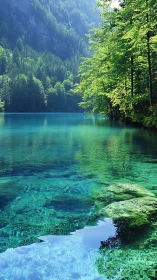 Crystal lake shoreline under sunlit forest canopy.