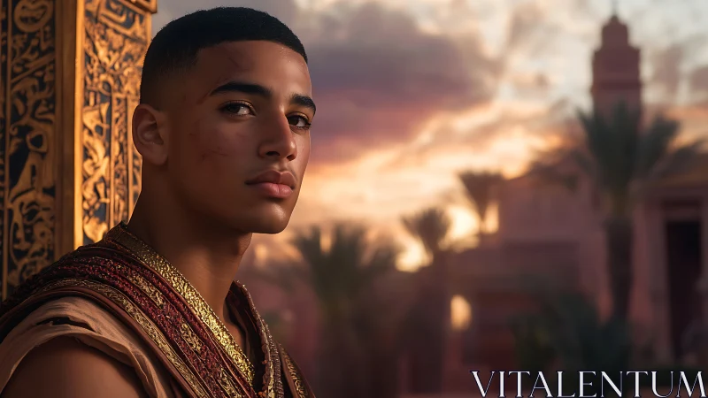 Sunlit warrior in patterned robe against desert citadel backdrop.