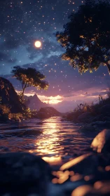 Moonlit river glows beneath a sky of falling embers.